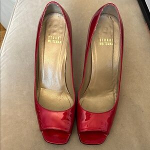 Stuart Weitzman Red Patent Leather Open Toe Heels